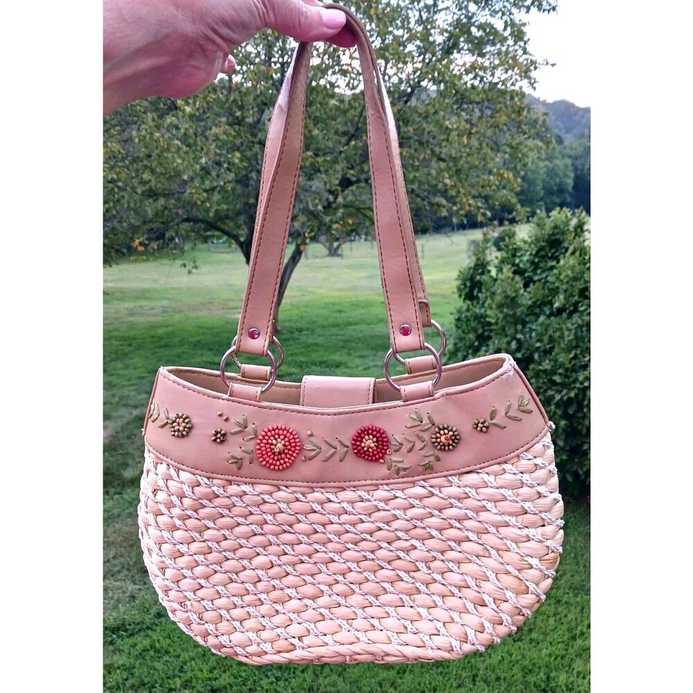 VTG Woven Natural Straw Handbag Wood Beaded Floral Summer Double Handle Bag Avon